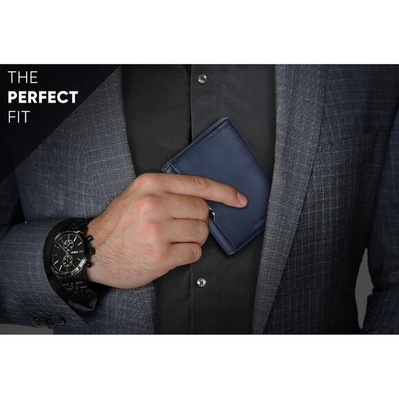 Men Blue Slim leather RFID Blocking Minimalist Card Front Pocket Wallets - Picture 5 of 10